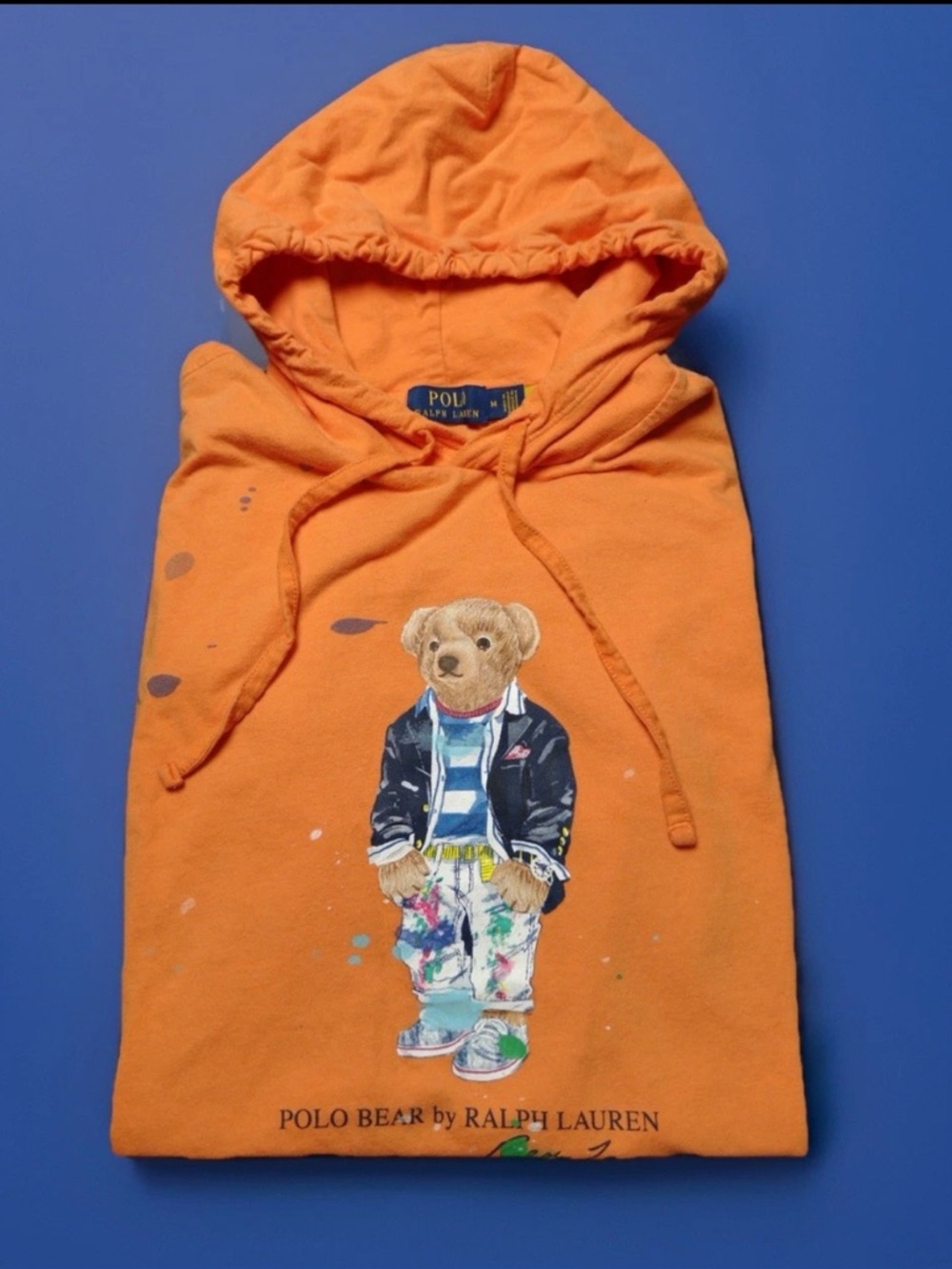 Polo Ralph Lauren Hoodie Mens M Bear Graphic Paint Splatter Streetwear Artist